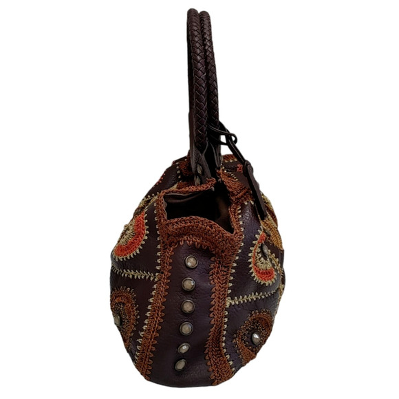 Isabella Fiore Handbag Leather Brown Multi-Color Jeweled Embroidered Crocheted - Picture 4 of 16